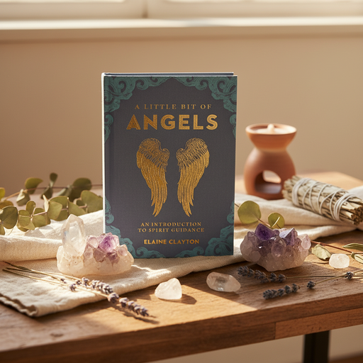 A book titled 'A Little Bit of Angels' by Elaine Clayton stands upright on a wooden table surrounded by crystals, dried lavender, a sage bundle, and a small terracotta candle holder in a warm, sunlit setting.