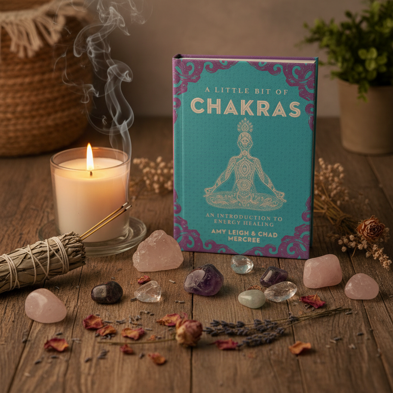 Book titled 'A Little Bit of Chakras' on a wooden surface with candles, crystals, and smudging tools.