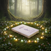 Book titled 'Fables' in a forest setting with fairy lights and flowers