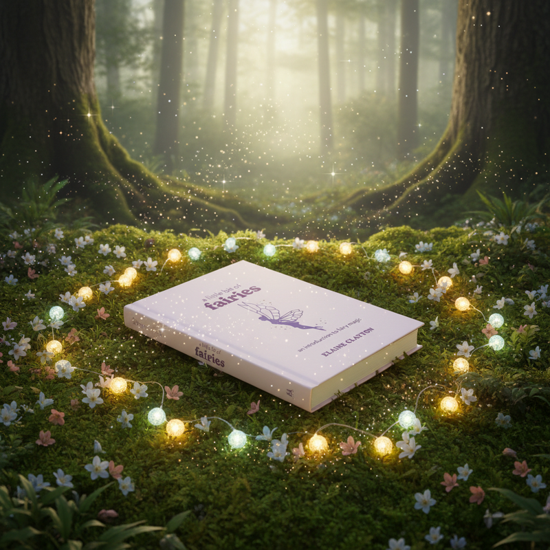 Book titled 'Fables' in a forest setting with fairy lights and flowers