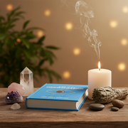 A blue book titled 'The Art of Meditation' lies on a wooden table beside a lit white candle with rising smoke, a white crystal tower, a pink crystal cluster, a sage bundle, and smooth stones against a warm blurred background with bokeh lights.