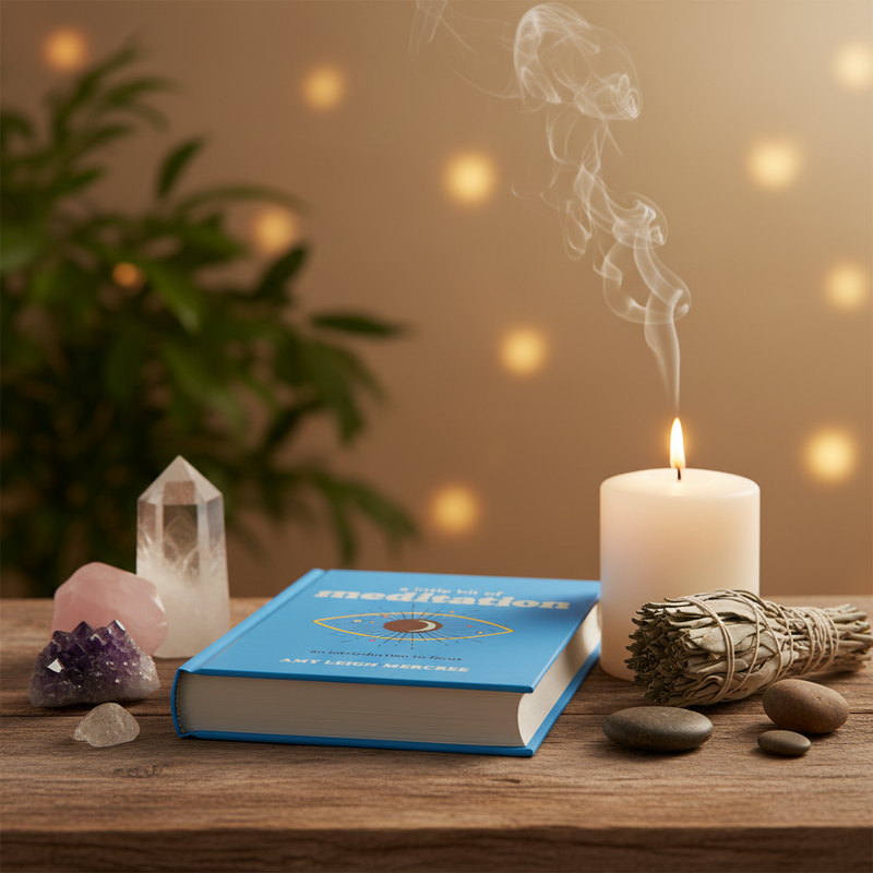 A blue book titled 'The Art of Meditation' lies on a wooden table beside a lit white candle with rising smoke, a white crystal tower, a pink crystal cluster, a sage bundle, and smooth stones against a warm blurred background with bokeh lights.