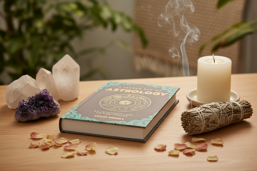 A book titled 'The New Astrology' by Carolynne Bell lies on a wooden table, surrounded by crystals, a smudging bundle, a white candle, and dried flower petals, with a blurred indoor background and smoke rising.