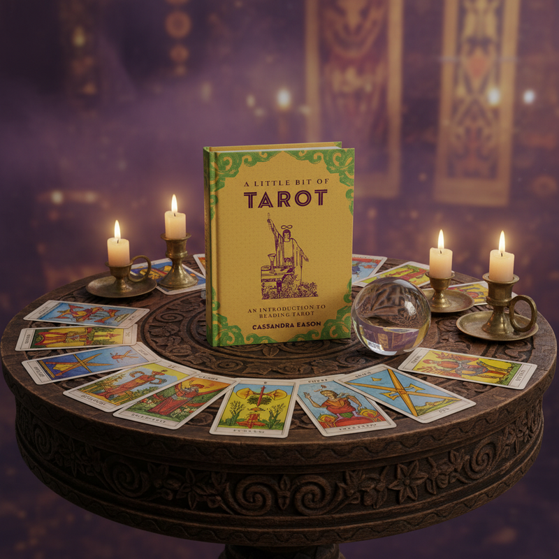 Tarot cards and book on a decorative table with candles and a crystal ball.