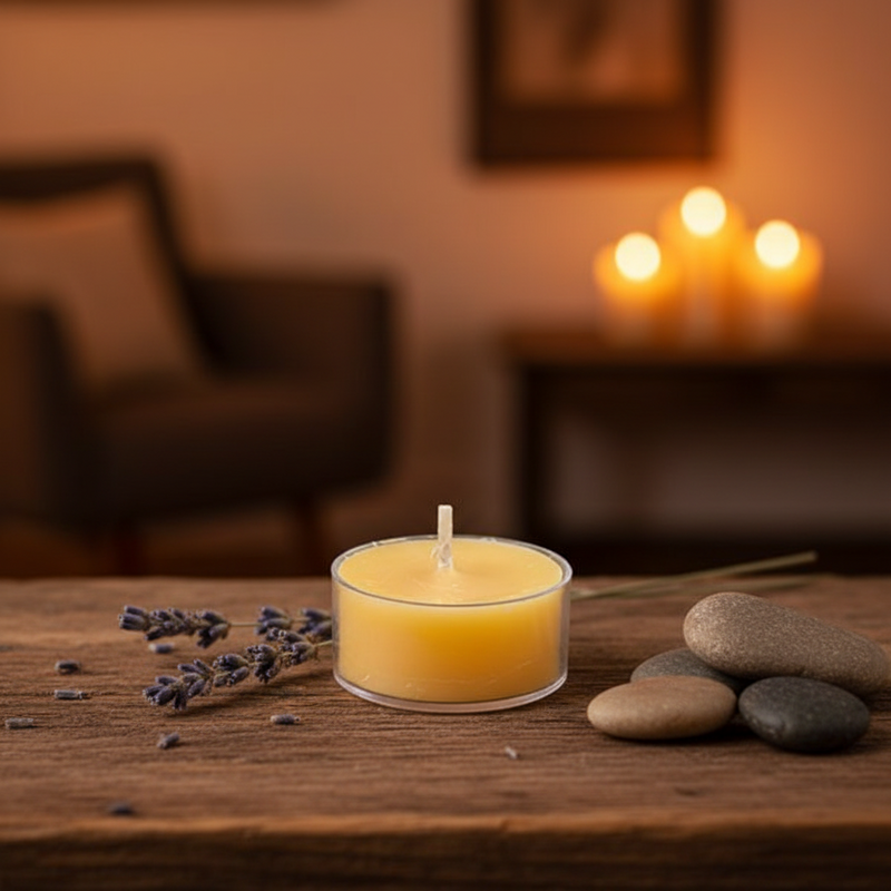 Candle on a wooden surface with lavender and stones, blurred background of candles and furniture.