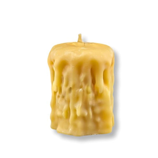 Yellow candle with a textured surface on a white background