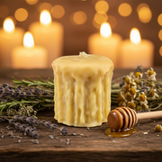 Candle with honey and herbs on a wooden surface with blurred candles in the background