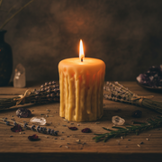 Candle with a flame on a wooden surface with lavender and crystals