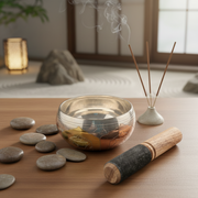 Decorative setting with a singing bowl, stones, incense sticks, and a candle in a minimalistic room.