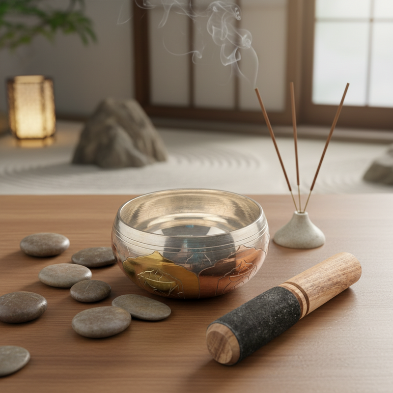 Decorative setting with a singing bowl, stones, incense sticks, and a candle in a minimalistic room.