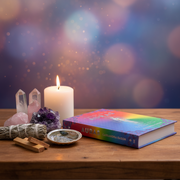 Magical setup with a candle, crystals, and a book titled 'Aurora' on a wooden surface.