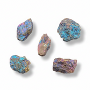 Five raw, rough iridescent crystals with metallic blue, purple, and gold hues, arranged on a clean white background with soft drop shadows.