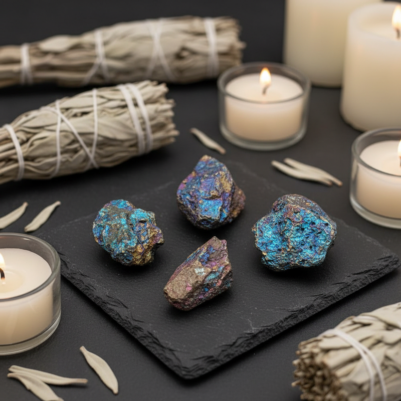 Four iridescent blue and purple crystals arranged on a black slate tray, surrounded by white candles, white sage bundles, and dried leaves on a dark surface.