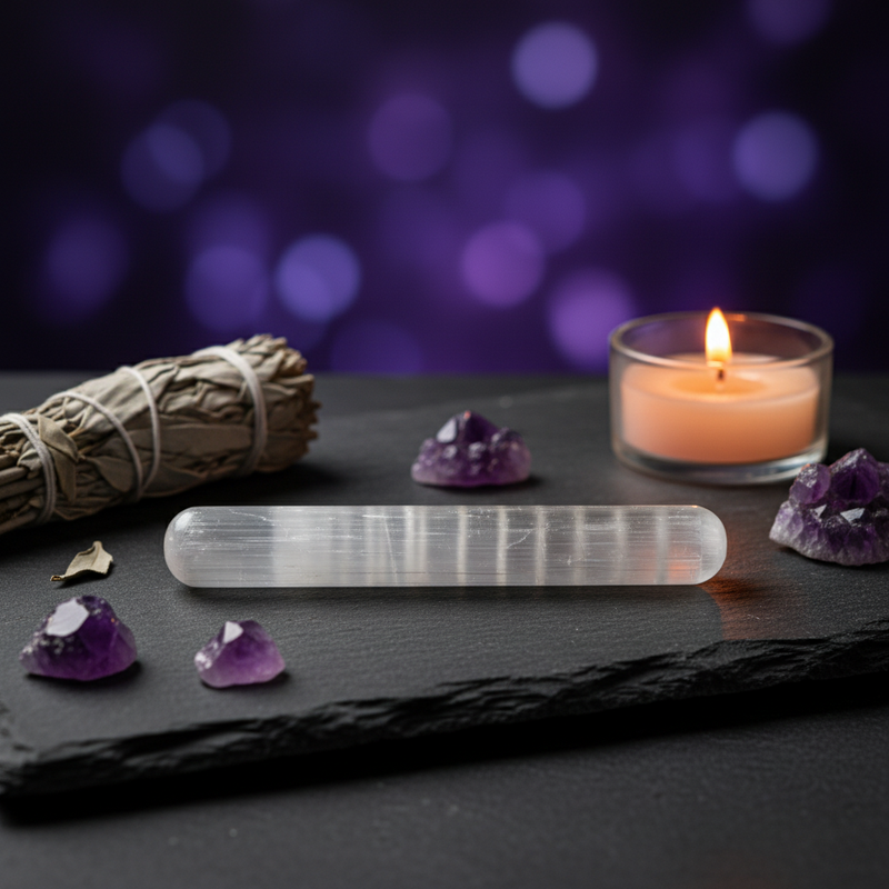 A selenite wand lies on a dark slate surface, surrounded by purple amethyst stones, a white sage smudge bundle, and a small lit tealight candle against a purple bokeh background.