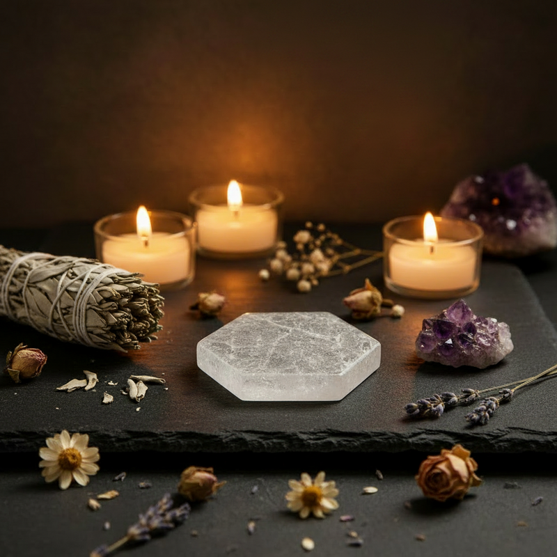 A hexagonal selenite stone centerpiece displayed on a dark slate tray, surrounded by lit tealight candles, a white sage bundle, dried flowers, lavender sprigs, and purple crystal clusters in a moody, atmospheric setting.