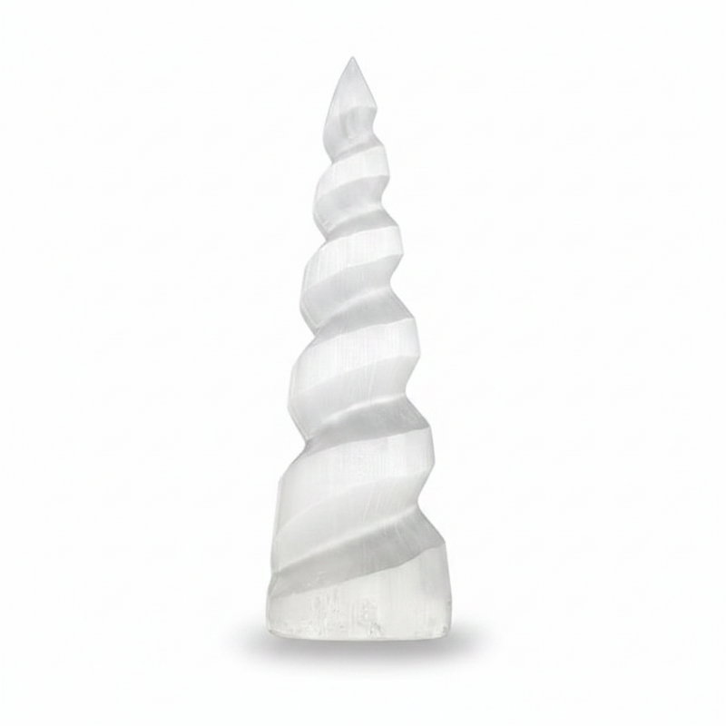 A tall, tapered spiral crystal tower made from selenite, featuring natural banding and striations, set against a solid white background with a soft shadow at the base.