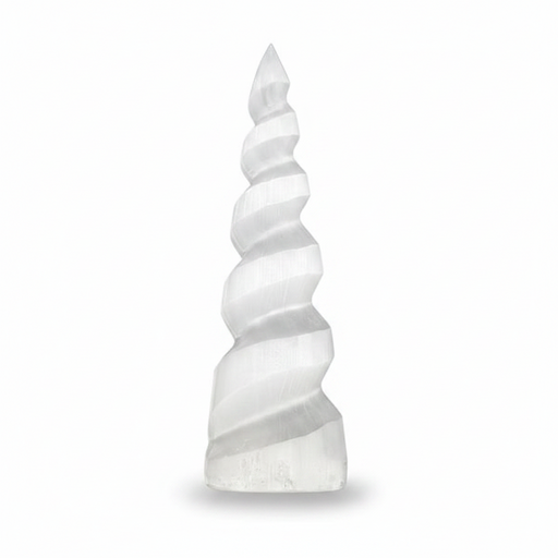 A tall, tapered spiral crystal tower made from selenite, featuring natural banding and striations, set against a solid white background with a soft shadow at the base.