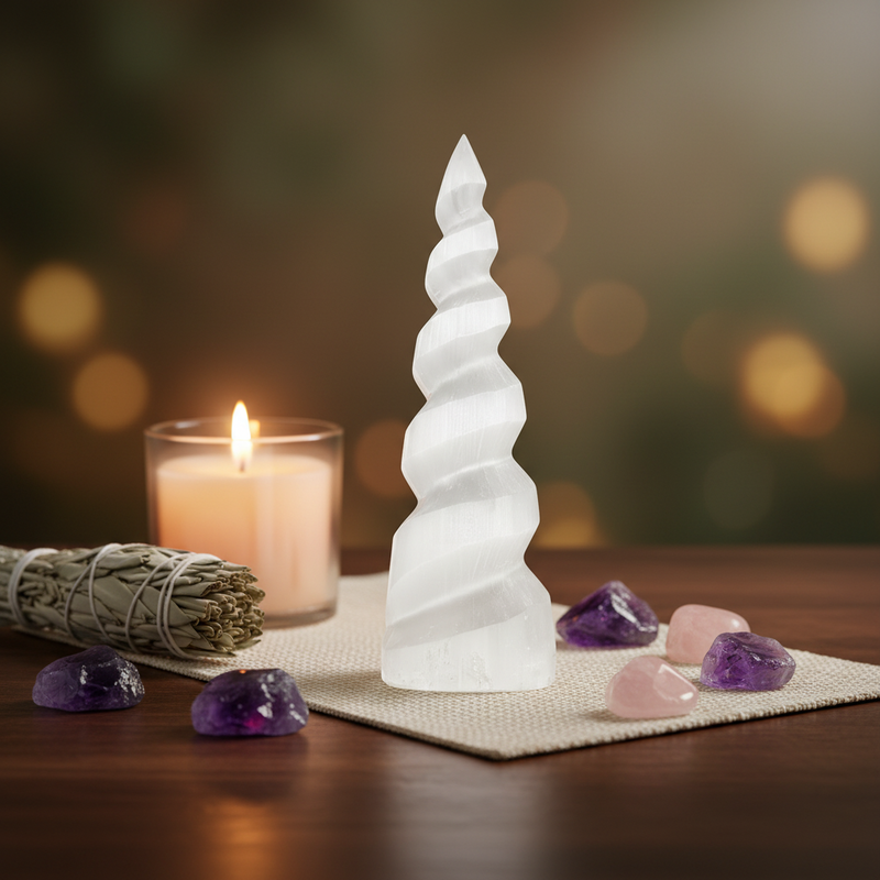 A white spiral-shaped selenite tower stands on a woven mat on a wooden table, styled with a lit candle, a sage smudge bundle, and pink and purple crystals against a warm, blurred bokeh background.