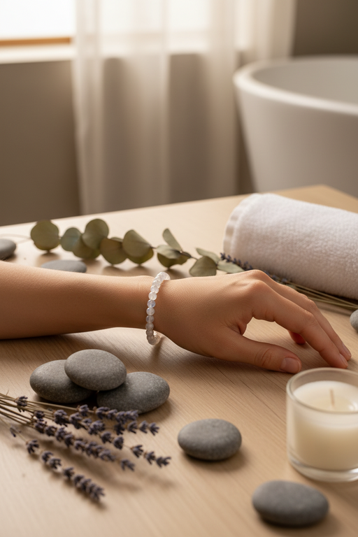 A close-up lifestyle shot of a person's hand resting on a wooden spa table, wearing a delicate labradorite beaded bracelet. The scene is styled with spa elements including gray spa stones, a white towel, lavender sprigs, a lit candle, and a blurred bathroom background.