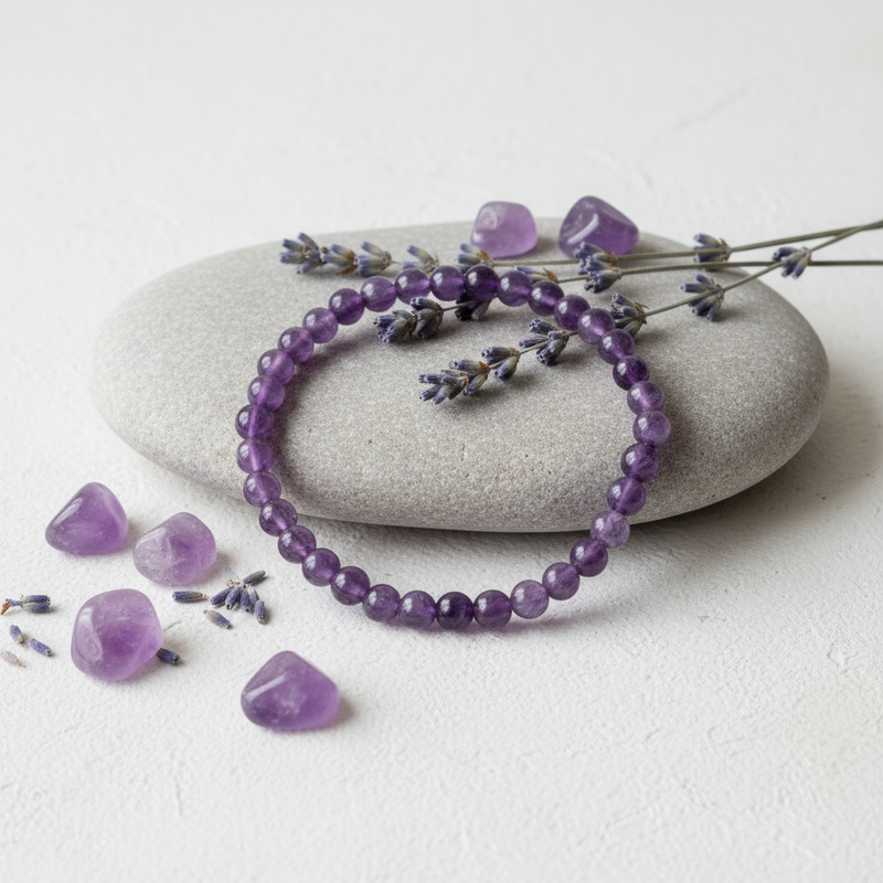 Lepidolite bracelet with lavender flowers on a stone