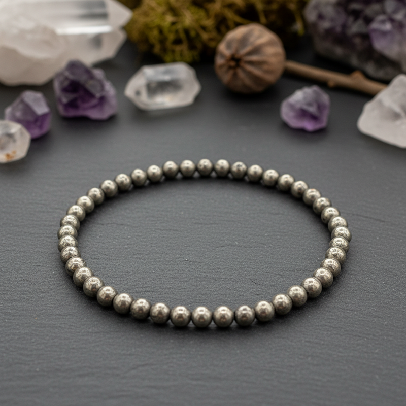 Silver beaded bracelet on a dark surface with crystals and plants in the background