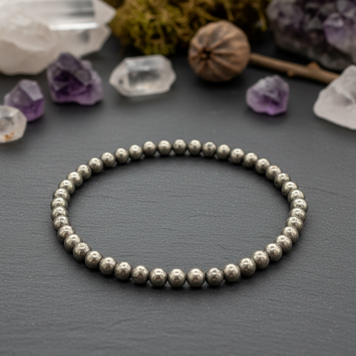 Silver beaded bracelet on a dark surface with crystals and plants in the background