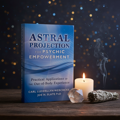 Book titled 'Astral Projection for Psychic Empowerment' on a wooden surface with a candle and smudge stick, against a dark background with bokeh lights.