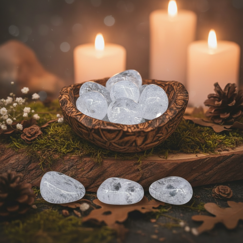 Bowl of stones with lit candles and decorative elements on a wooden surface