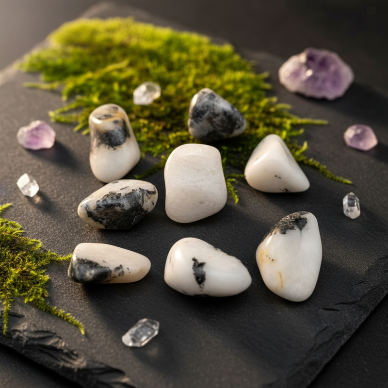 Mineral stones and crystals on a dark surface with green moss