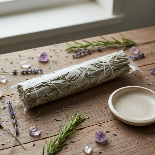 A bundled bundle of dried herbs tied with string, wrapped in clear plastic, resting on a rustic wooden table with rosemary sprigs, lavender flowers, amethyst crystals, and a small ceramic dish.