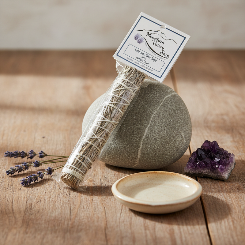 A bundle of Mountain Vista blue sage and white sage smudge sticks in a clear glass tube with a white paper label, styled on a wooden surface next to a gray stone, a small ceramic dish, lavender sprigs, and a purple crystal cluster.