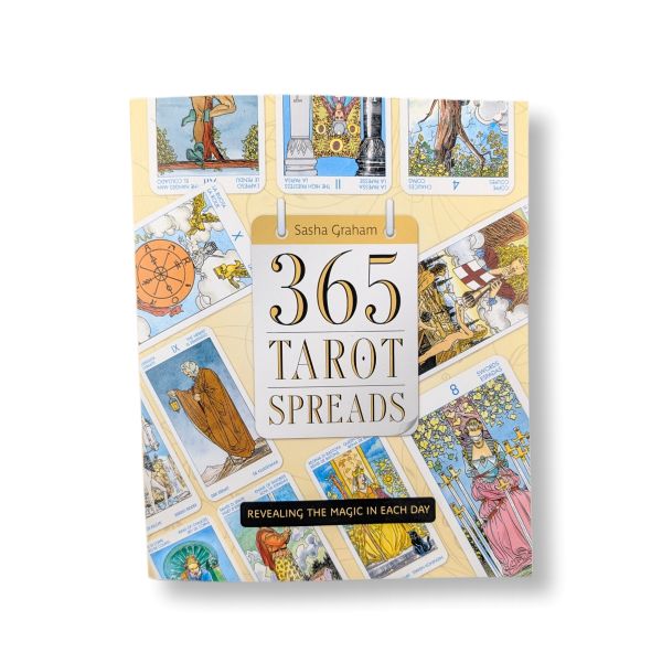 Book titled '365 Tarot Spreads' by Sasha Graham with tarot card illustrations on a white background