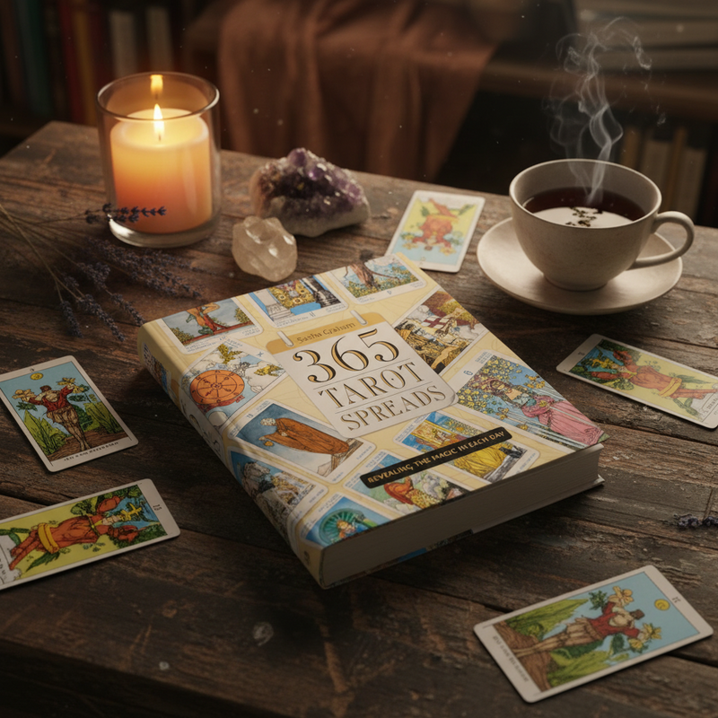 Book titled '365 Tarot Spreads' on a wooden table with tarot cards, a candle, and a steaming cup of tea.
