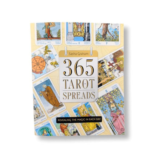 Book titled '365 Tarot Spreads' by Sasha Graham with tarot card illustrations on a white background