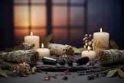 A styled arrangement of white candles, sage smudge bundles, dried flowers, and black crystals on a dark slate surface with a warm, softly blurred window background.