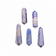 Five faceted selenite crystal points in shades of blue, gray, and white with metallic gold flecks, arranged on a plain white background.