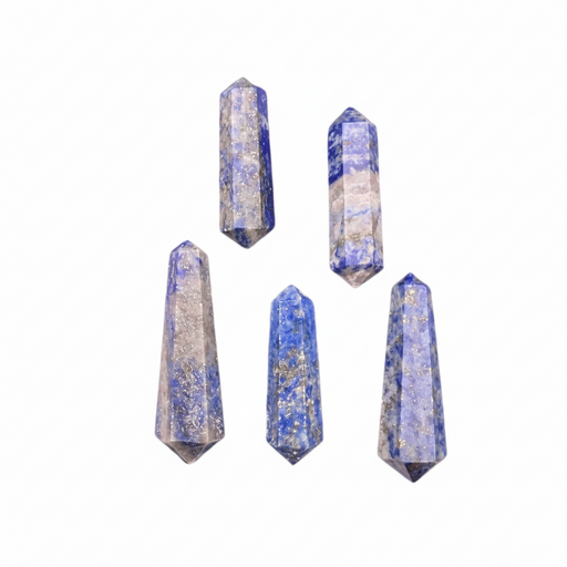 Five faceted selenite crystal points in shades of blue, gray, and white with metallic gold flecks, arranged on a plain white background.