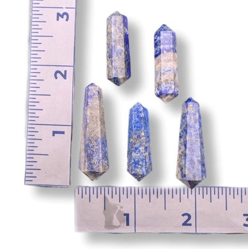 Five blue and white striped crystal point tumblers displayed on a white background with rulers showing their approximate size in centimeters.