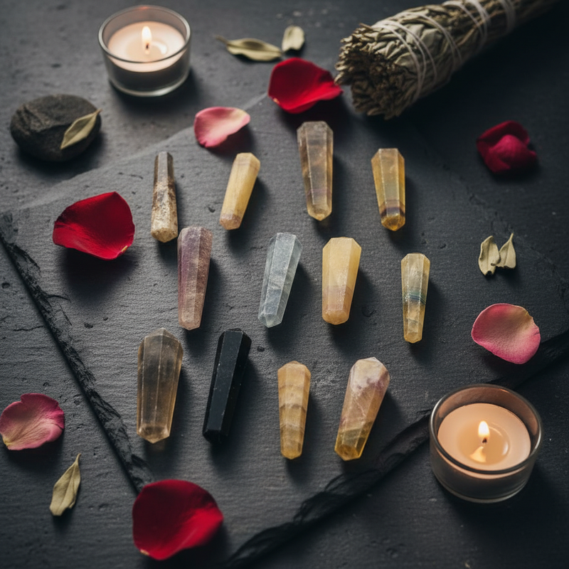 A flat-lay arrangement of various fluorite points in yellow, purple, white, and black, styled with red rose petals, dried leaves, and two lit tealight candles on a dark slate background.