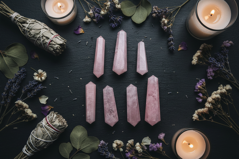 Six pink crystal points arranged in two rows on a dark slate surface, surrounded by dried lavender, white flowers, green leaves, and two lit candles.