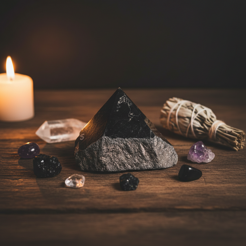 Pyramid-shaped stone, crystals, and a lit candle on a wooden surface with a dark background.