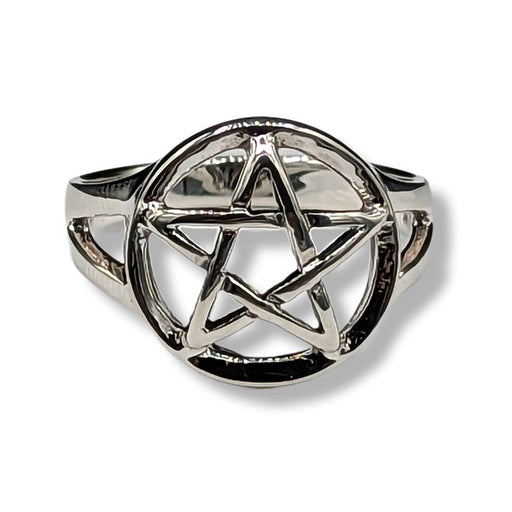 Silver pentagram ring on a white background