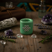 A small mint green ceramic candle holder with a silver Celtic knot emblem, styled on a rustic wooden table with crystals, lavender, rosemary, a bundle of dried sage, and other ambient natural elements.