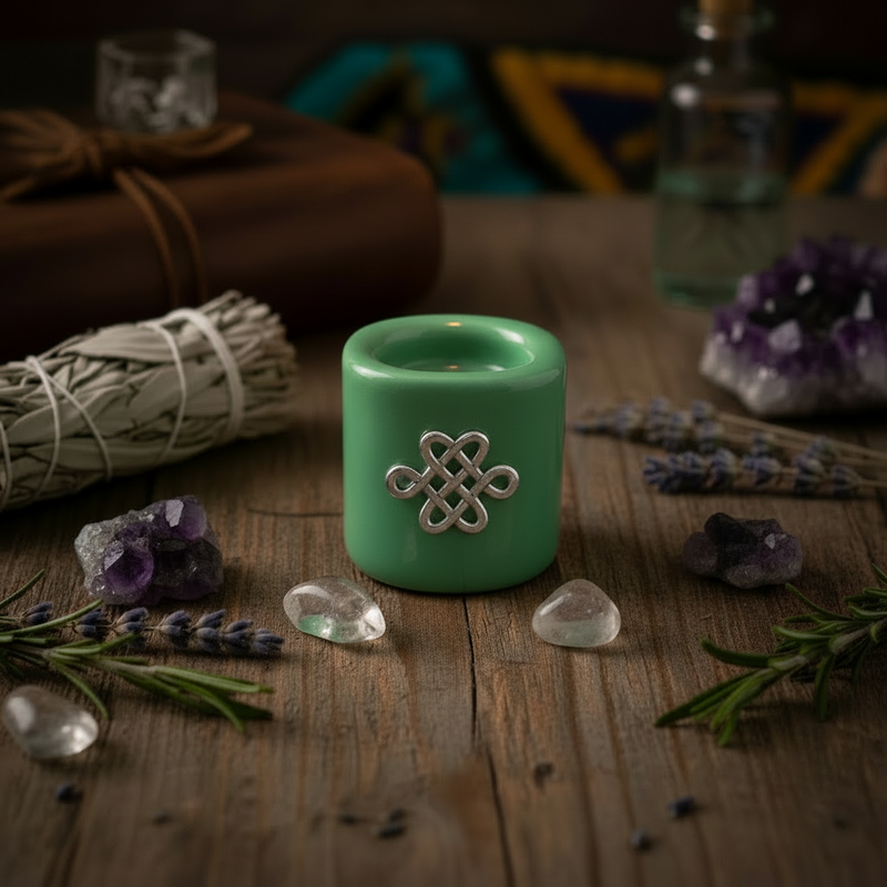 A small mint green ceramic candle holder with a silver Celtic knot emblem, styled on a rustic wooden table with crystals, lavender, rosemary, a bundle of dried sage, and other ambient natural elements.
