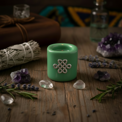 A small mint green ceramic candle holder with a silver Celtic knot emblem, styled on a rustic wooden table with crystals, lavender, rosemary, a bundle of dried sage, and other ambient natural elements.