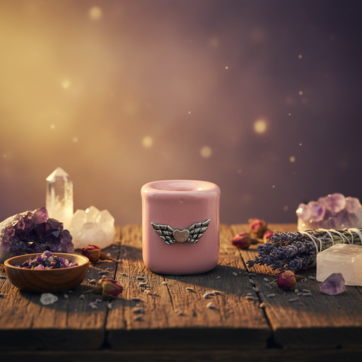 A pink cylindrical candle with a silver winged heart emblem sits on a rustic wooden table surrounded by crystals, dried lavender, and small flowers against a warm glowing, hazy background.