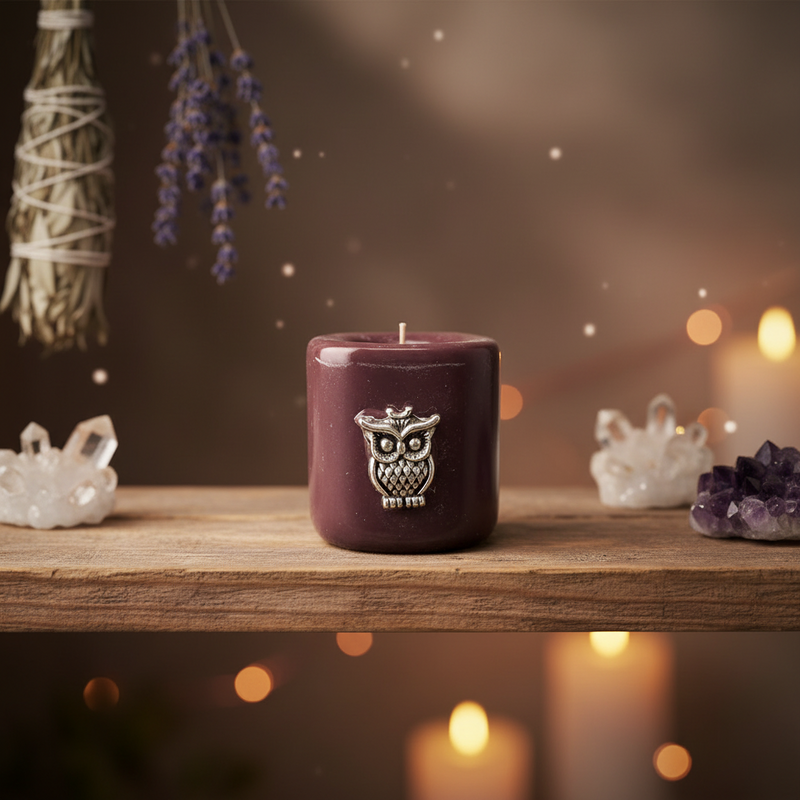 A dark plum purple candle with a silver owl emblem on the front, displayed on a rustic wooden shelf surrounded by crystals, dried lavender, and warm bokeh lights.