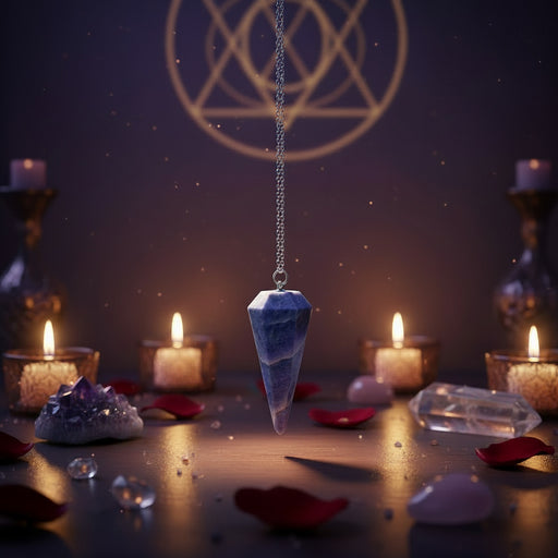 Iolite Pendulum in a spiritual space, surrounded by crystals, candles and flower petals