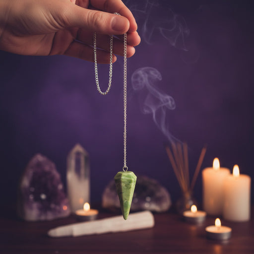 Infinite Pendulum being used in a spiritual space surrounded by crystals, candles, and incense 