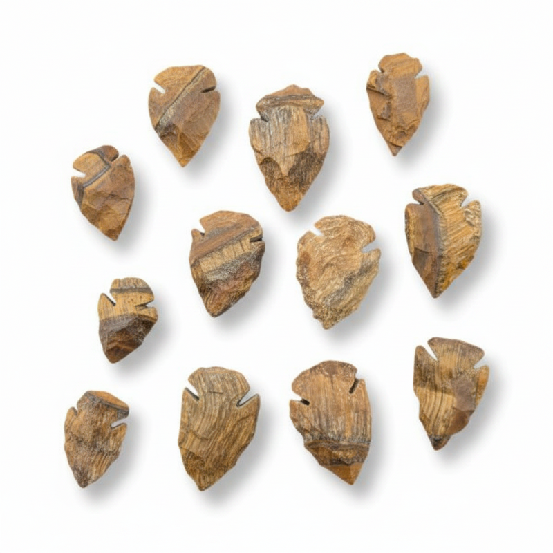 Ten natural tiger's eye arrowheads arranged in a loose circle on a white background with soft drop shadows.
